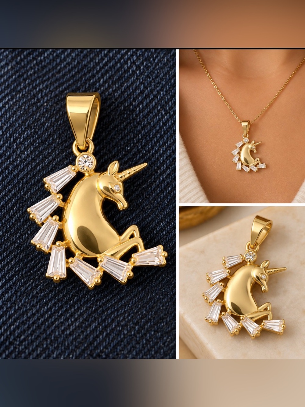 Gold Unicorn Pendant - Elegant Crystal Accent